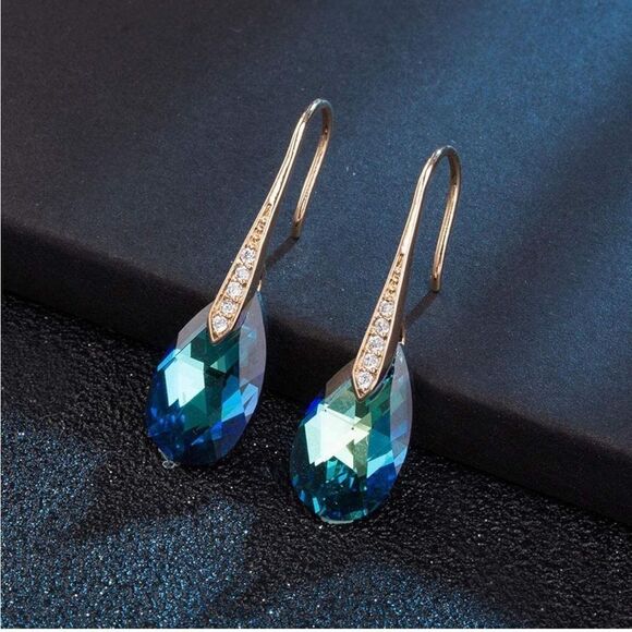 14K Yellow Gold with Bermuda Blue Austrian Crystal Teardrop Drop Hook Earrings - Picture 3 of 6